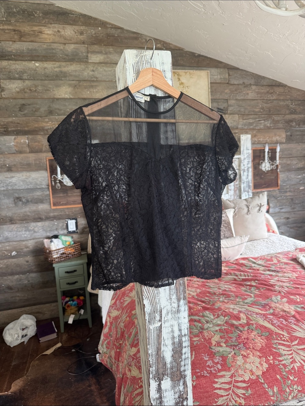 Vintage Black Lace Short Sleeve Sheer Yoke Top